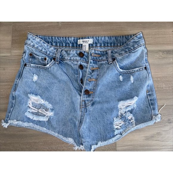 Forever 21 Pants - Forever 21 Blue Denim Ripped Cutoff Jean Shorts Size 27 (4) With Buttons